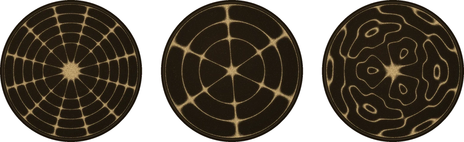Three dark round plates with gold sand. The first has six straight lines through the center and four rings, the second three lines and two rings, and the third the curving figure the two make together.