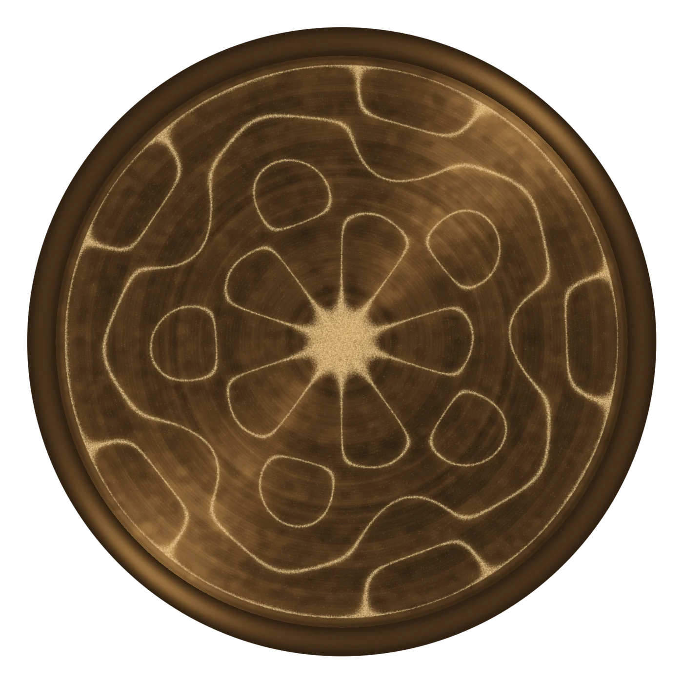 A drawing of a dark bronze gong, a pattern of gold sand across its face like the shape of its sound