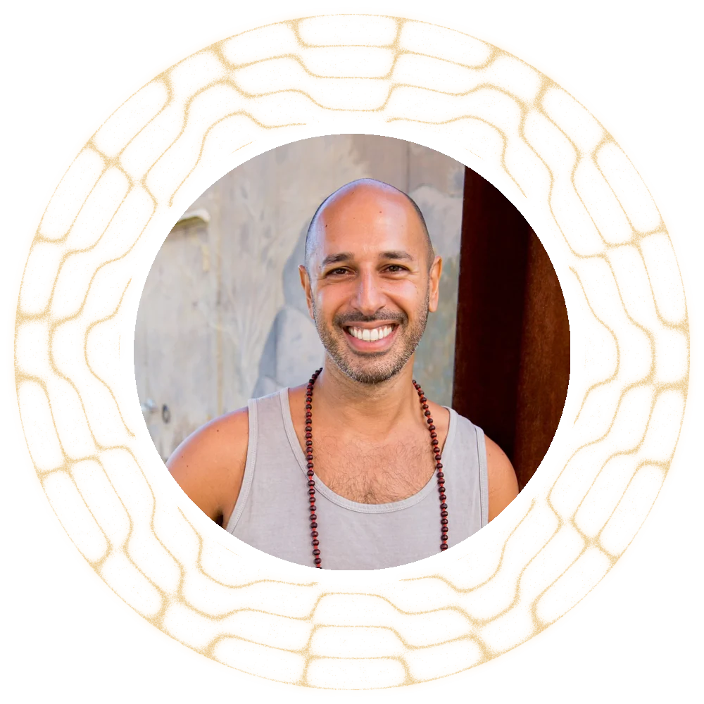 Hamid Jabbar smiling, his portrait ringed by a gold sand pattern