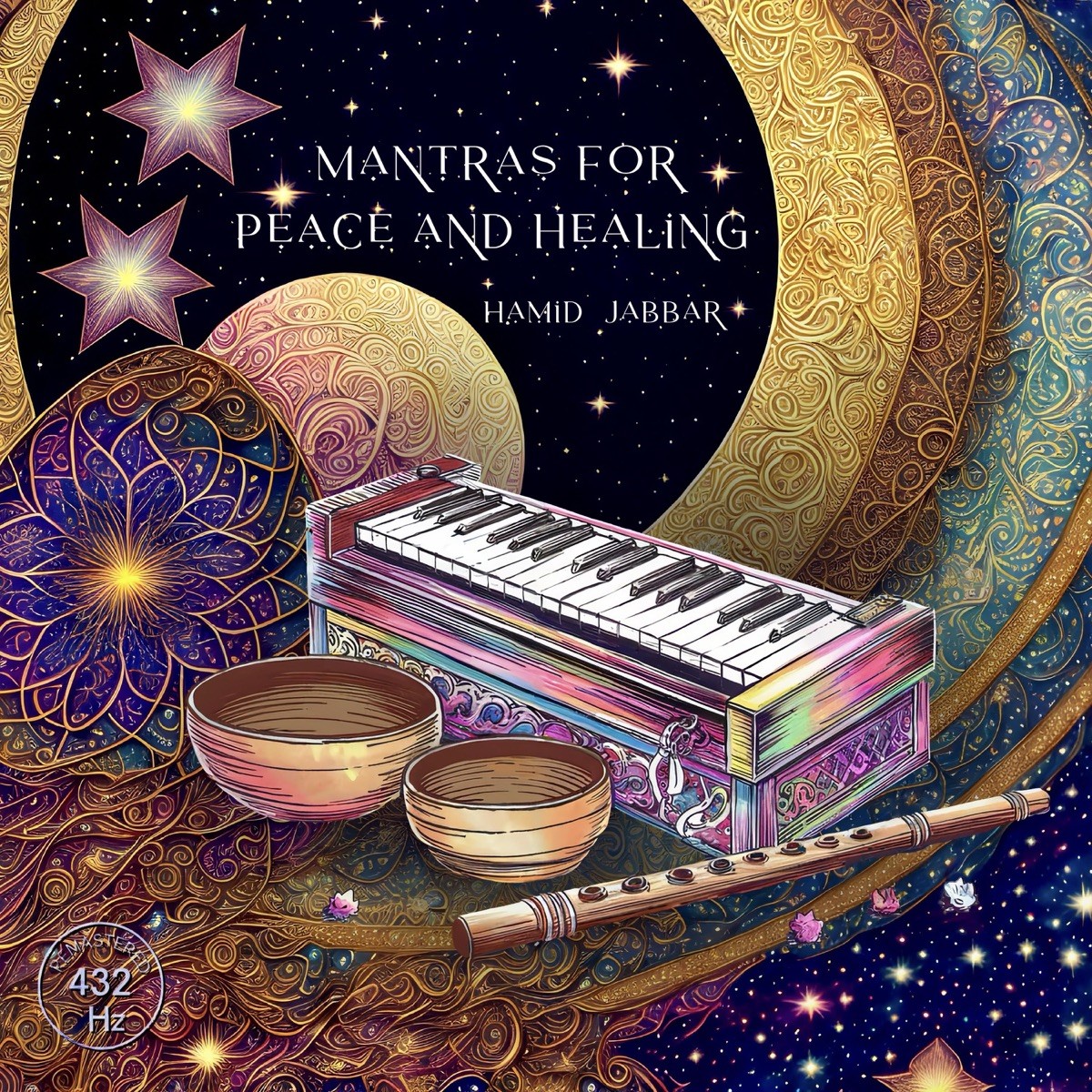 the Mantras for Peace and Healing cover: singing bowls, a harmonium and a flute under the moon and stars