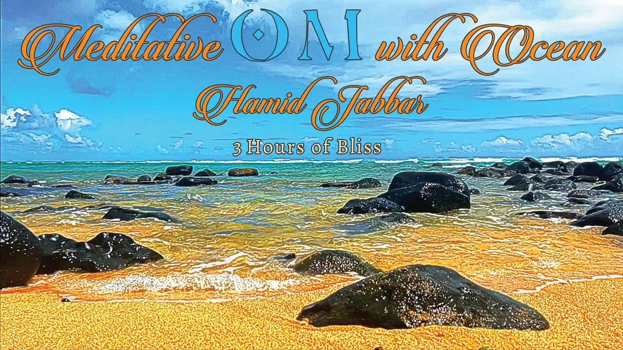 the Meditative Om with Ocean cover: a beach of black rocks under a blue sky