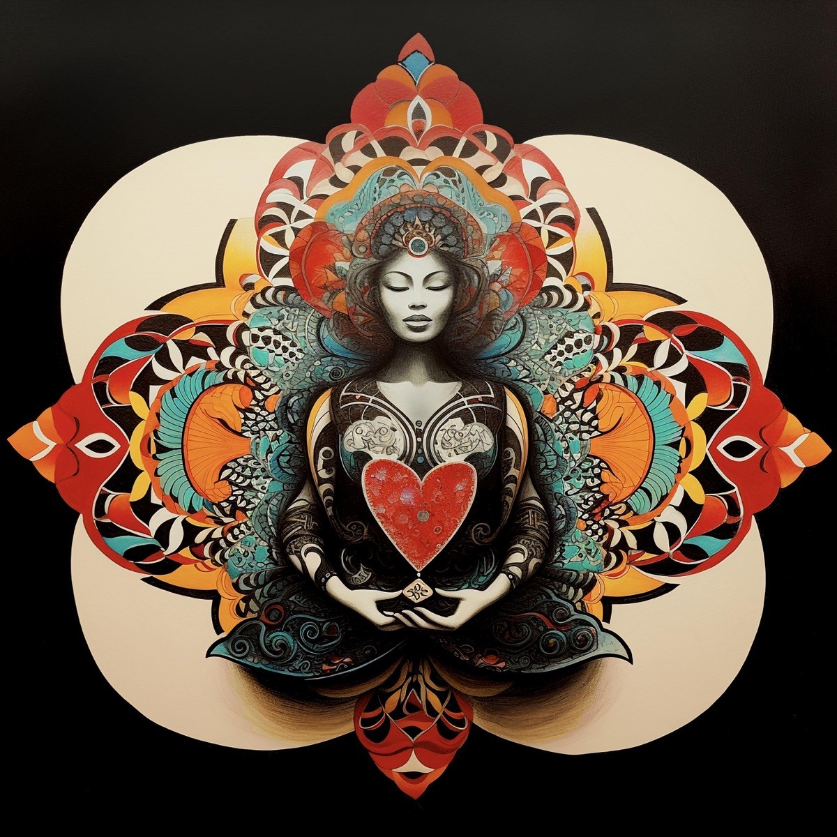 the Sacred Mother Earth Meditations cover: a woman drawn holding a heart, within a mandala